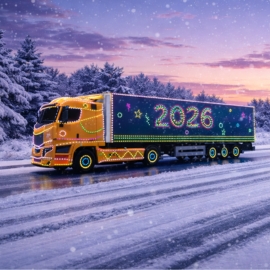 A Christmas truck on a snowy road