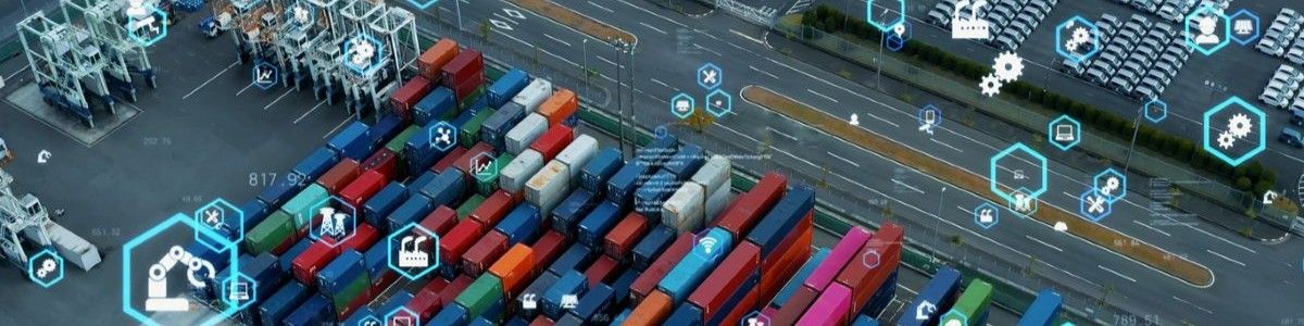 Banner showing supply chain and AI infographics