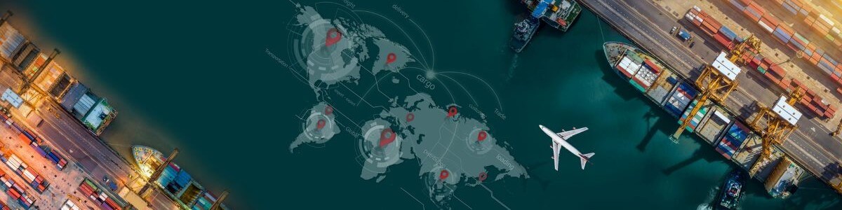 Banner showing a world map with supply chain infographics  