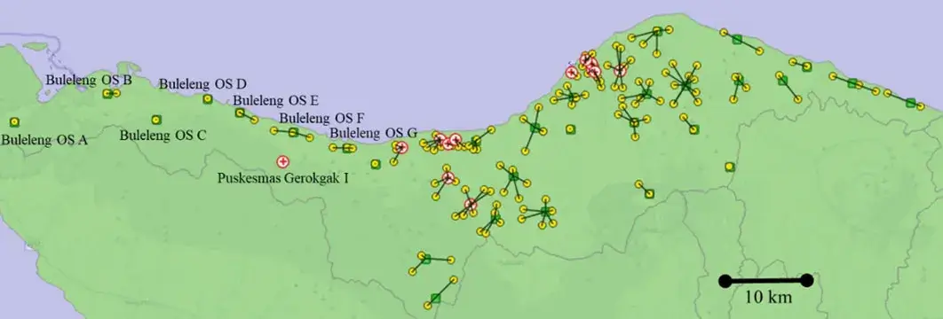 Vaccination network in the Buleleng outreach scenario (10-km range). The red circles are health centers, yellow are the villages, and green are new mobile clinics