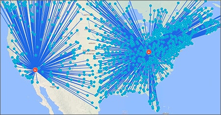 Optimized distribution network with two distribution centers and numerous customers divided between them