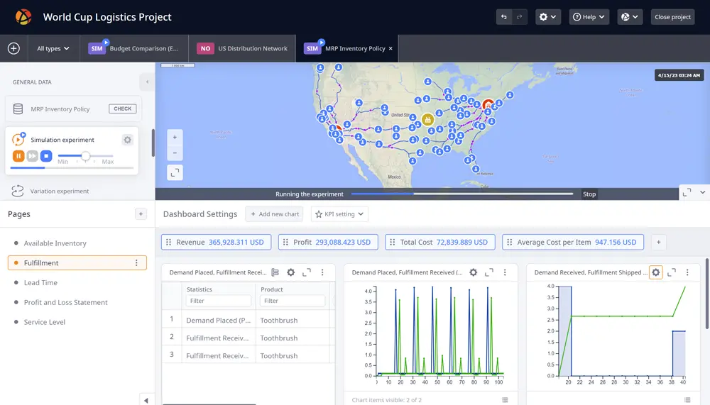 Simulation experiment in anyLogistix supply chain software