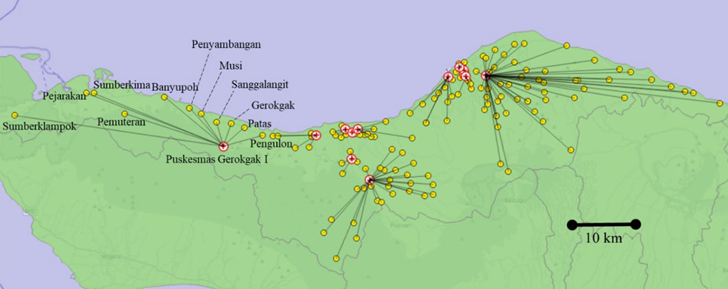 Vaccination network in the Buleleng baseline scenario. The red circles are health centers, and the yellow are the villages