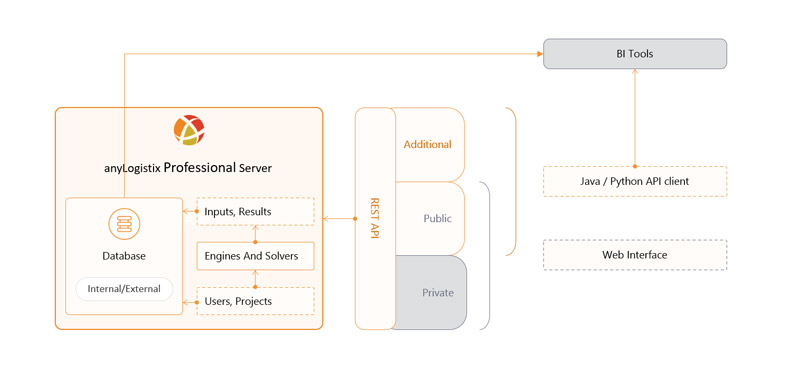 Schematic diagram outlining the structure and components of the anyLogistix Professional Server