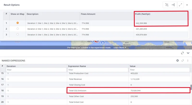 Results from the initial network optimization experiment using anyLogistix software