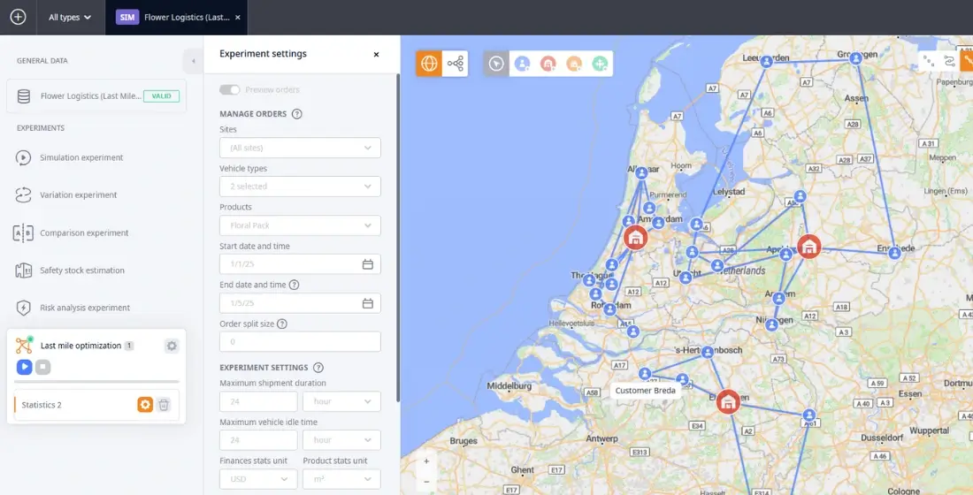 Last-mile optimization experiment in anyLogistix