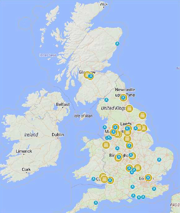 Map of customer and bakery locations in the UK