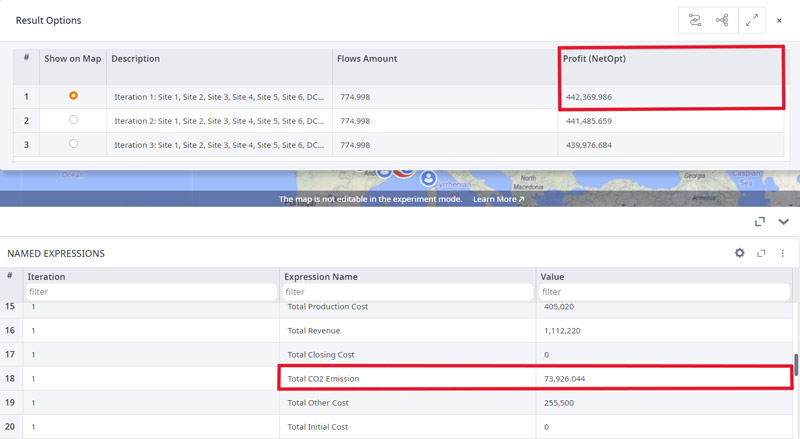 Results from the initial network optimization experiment using anyLogistix software