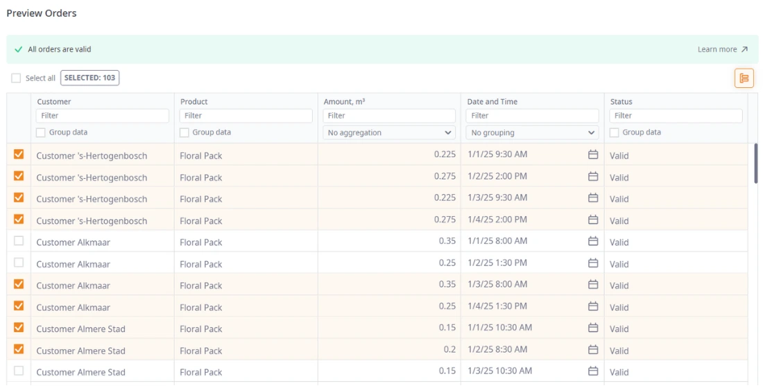 Orders preview table in anyLogistix