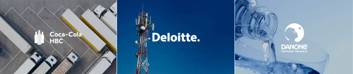 Banners from anyLogistix case studies (Coca-Cola; Deloitte; Danone)