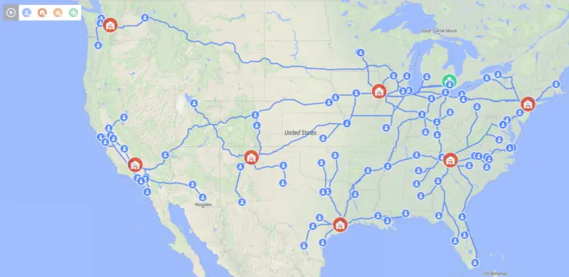 A screenshot of a supply chain network optimization for US market in anyLogistix