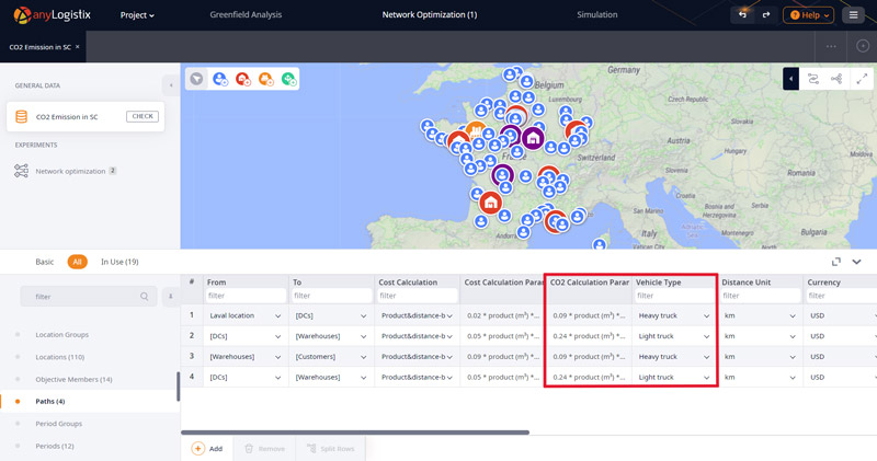 Setting up a scenario in anyLogistix software to reduce the carbon footprint in the supply chain