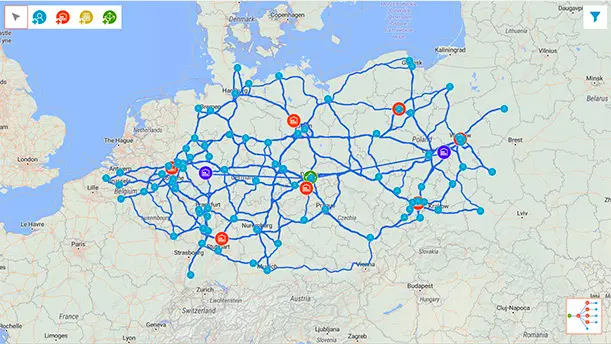 GIS maps in anyLogistix software with supply chain networks on them