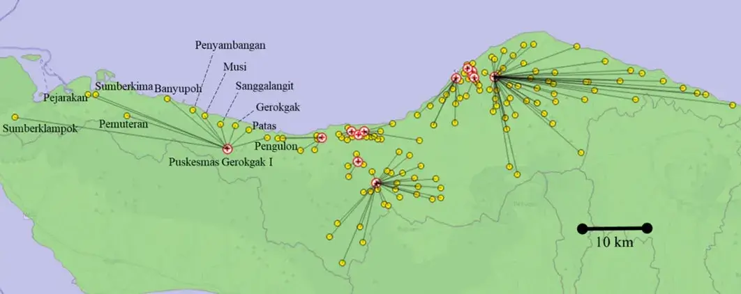 Vaccination network in the Buleleng baseline scenario. The red circles are health centers, and the yellow are the villages