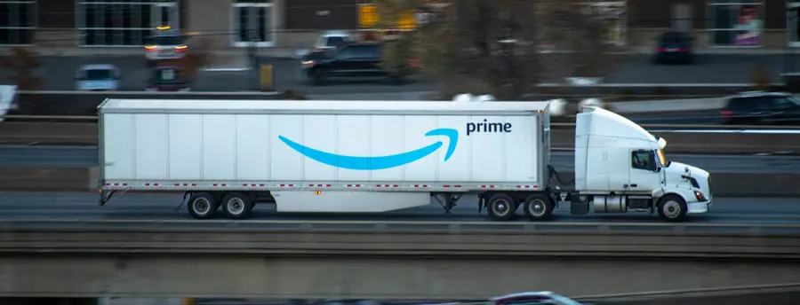 Amazon Prime semi-truck driving on a highway