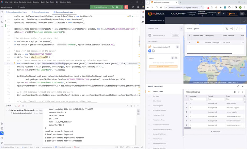 Screenshot of a computer screen showing a Java code editor on the left and anyLogistix supply chain software on the right