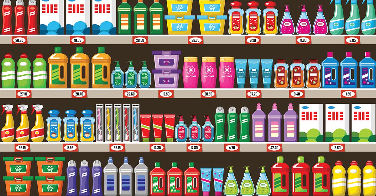 Consumer goods on a supermarket shelf