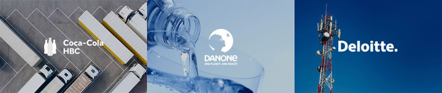 The image displays the logos of Coca-Cola HBC, Danone, and Deloitte alongside visuals representing their industries